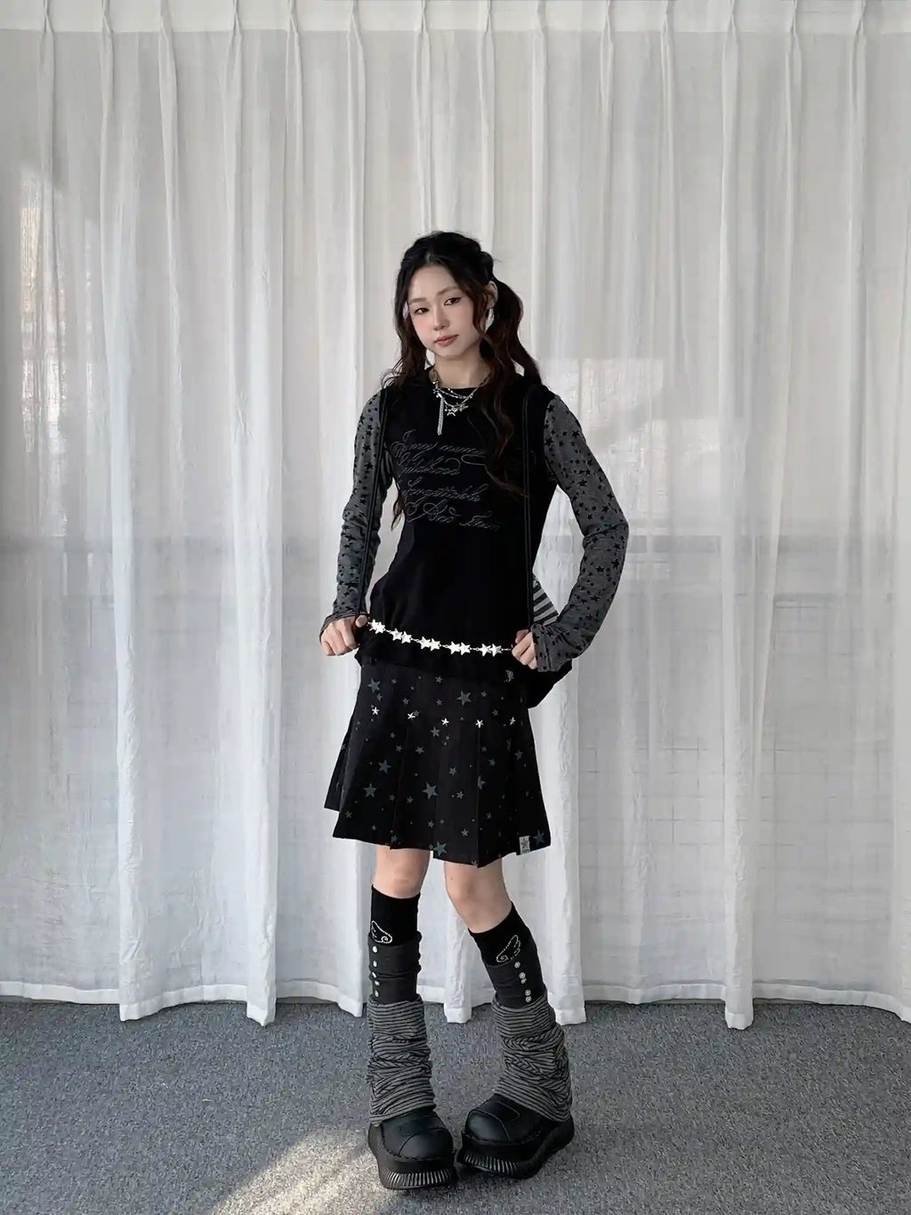 Y2K Star Print Pleated Skirt   OL2238