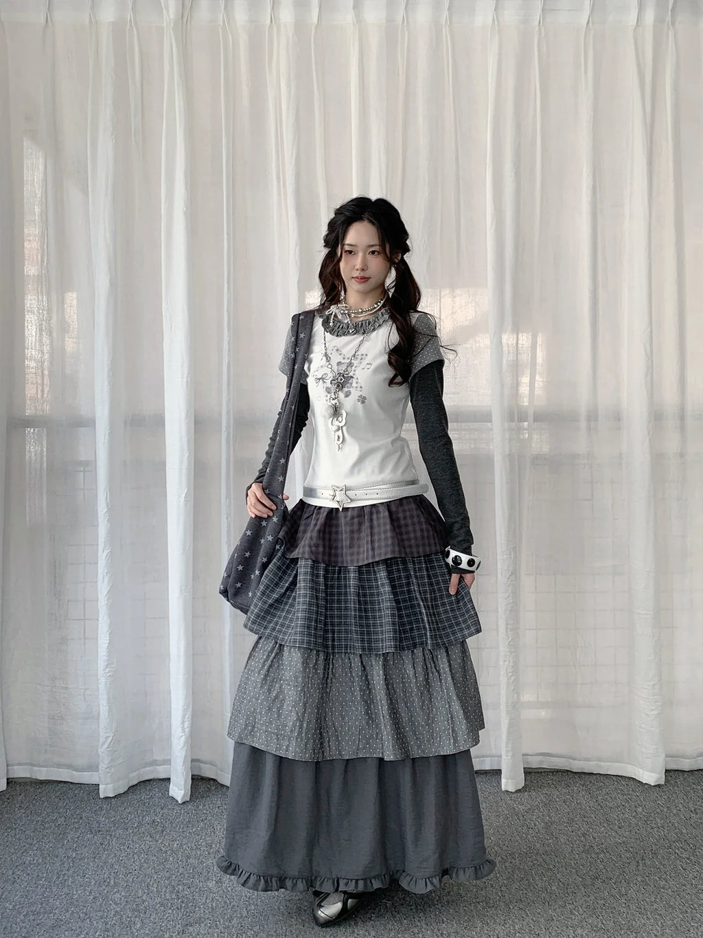 Polka Dot Plaid Tiered Maxi Skirt OL2438