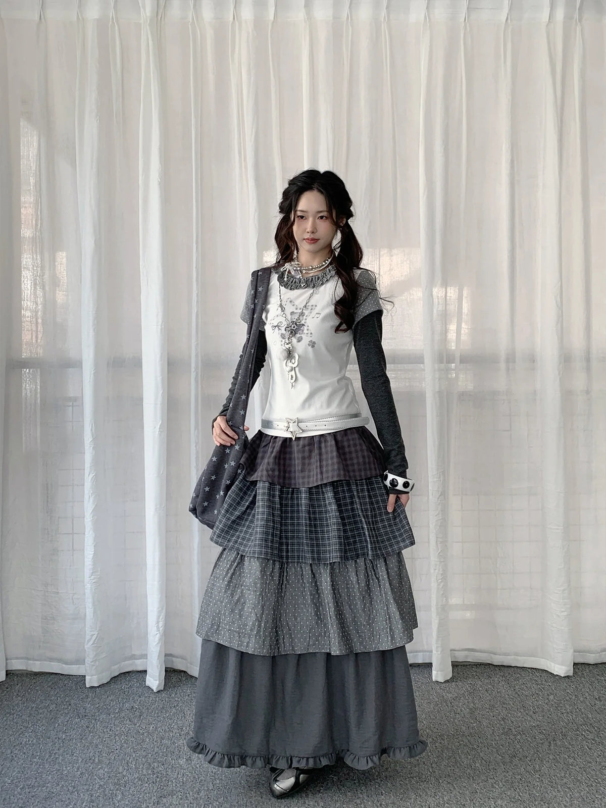 Polka Dot Plaid Tiered Maxi Skirt OL2438