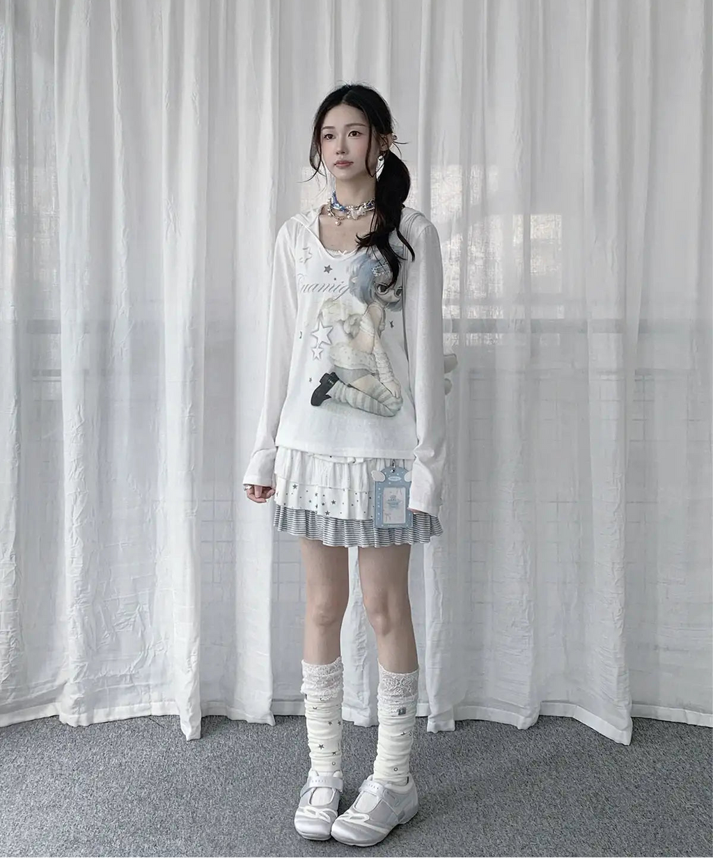 Semi-Sheer Cartoon Hooded Long-Sleeve Tee OL2389