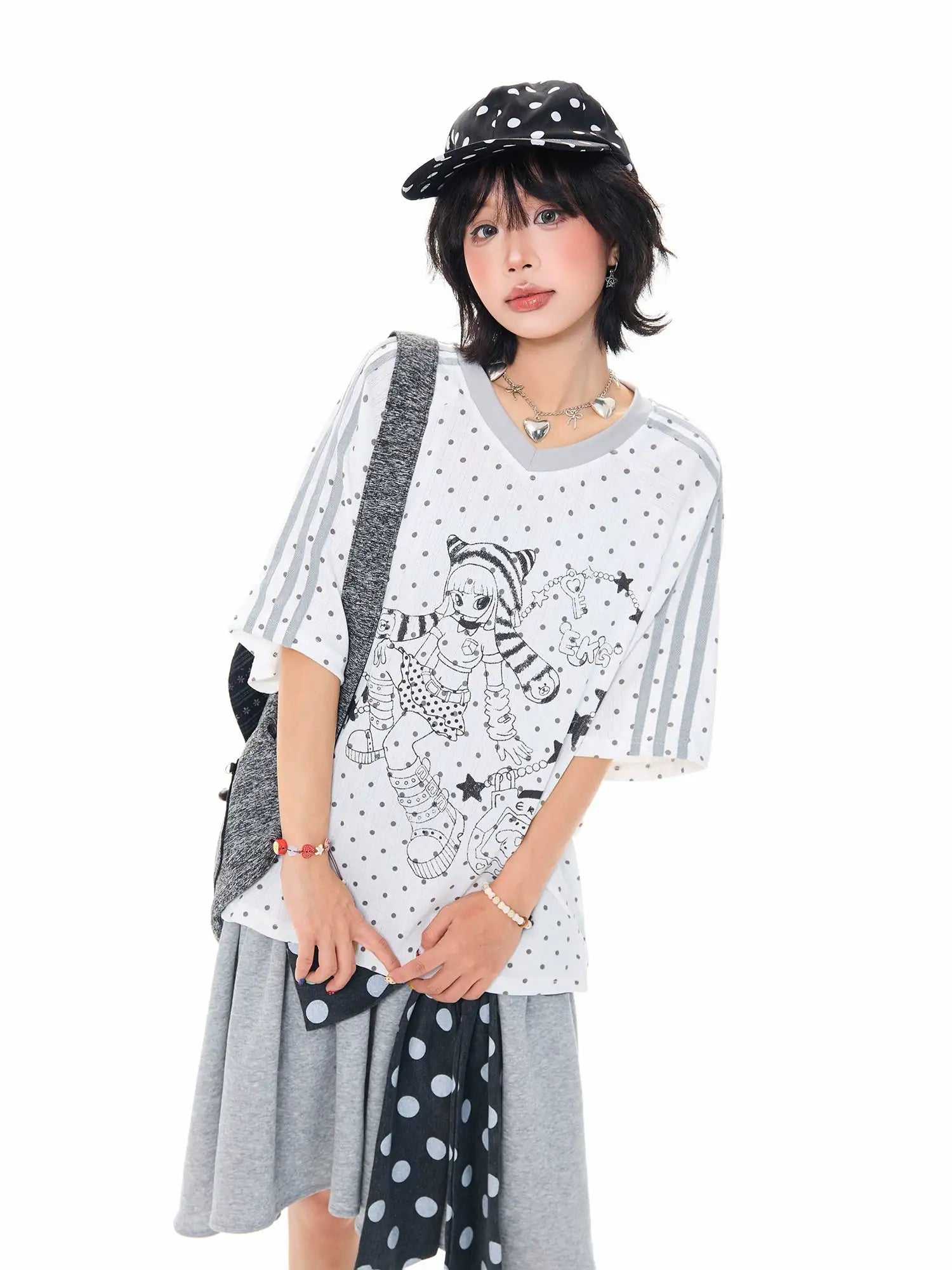 Cartoon Polka Dot V Neck Relaxed Tee OL2305