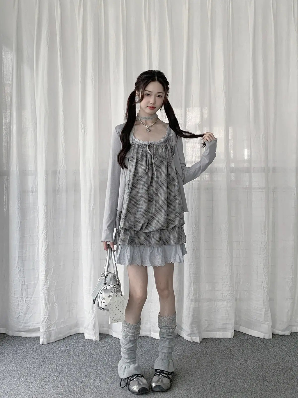 Gingham Lace Frill Cami Dress Y2K OL2325