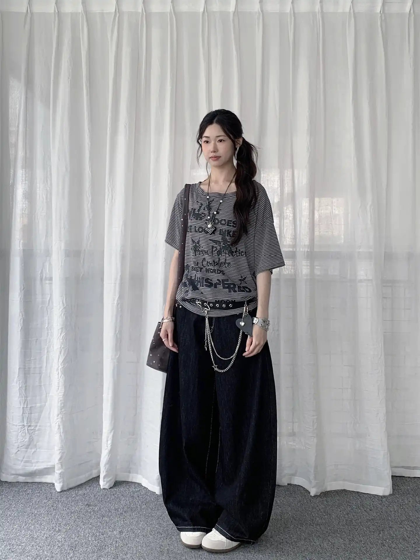 Vintage Stripe Drawstring Shoulder T-Shirt OL2286