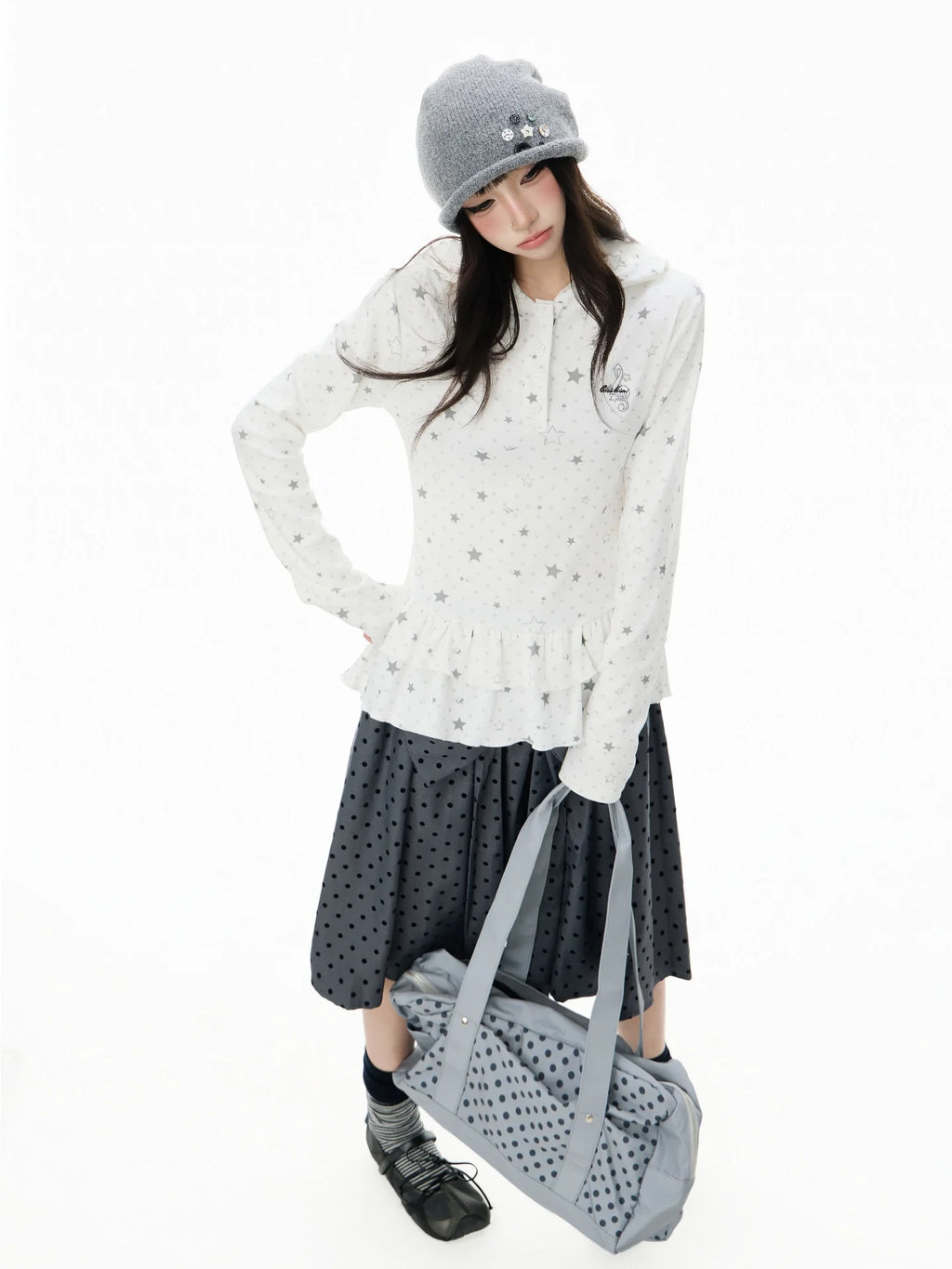 Polka Dot Star 러플 후드 긴팔 티셔츠 OL2406