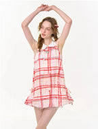 Red Plaid Doll Collar Sleeveless Dress OL2257