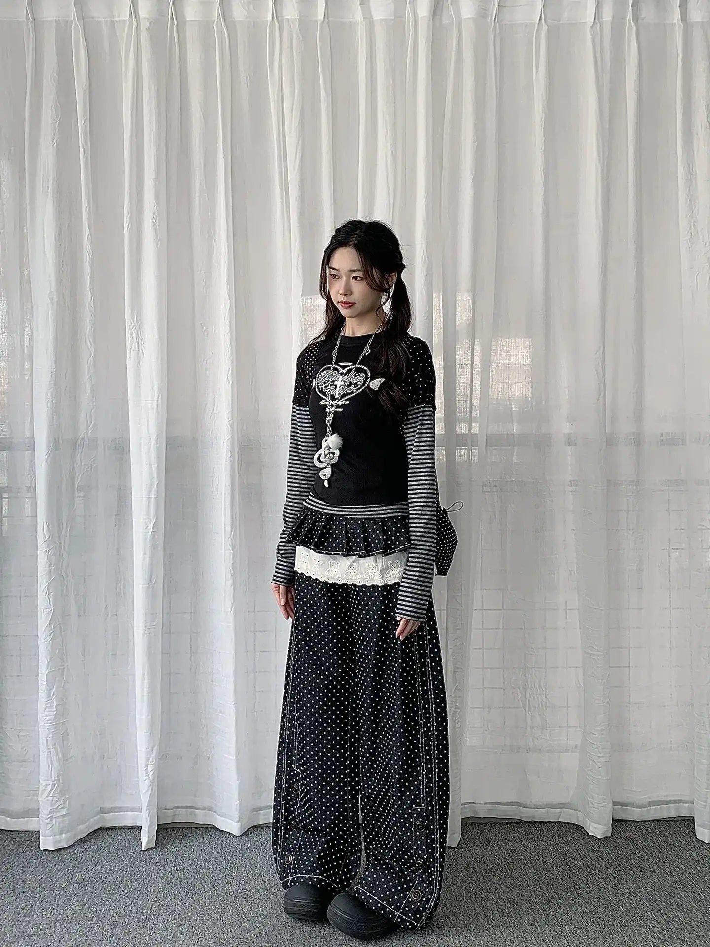 Polka Dot Detachable Skirt Denim Pants OL2275