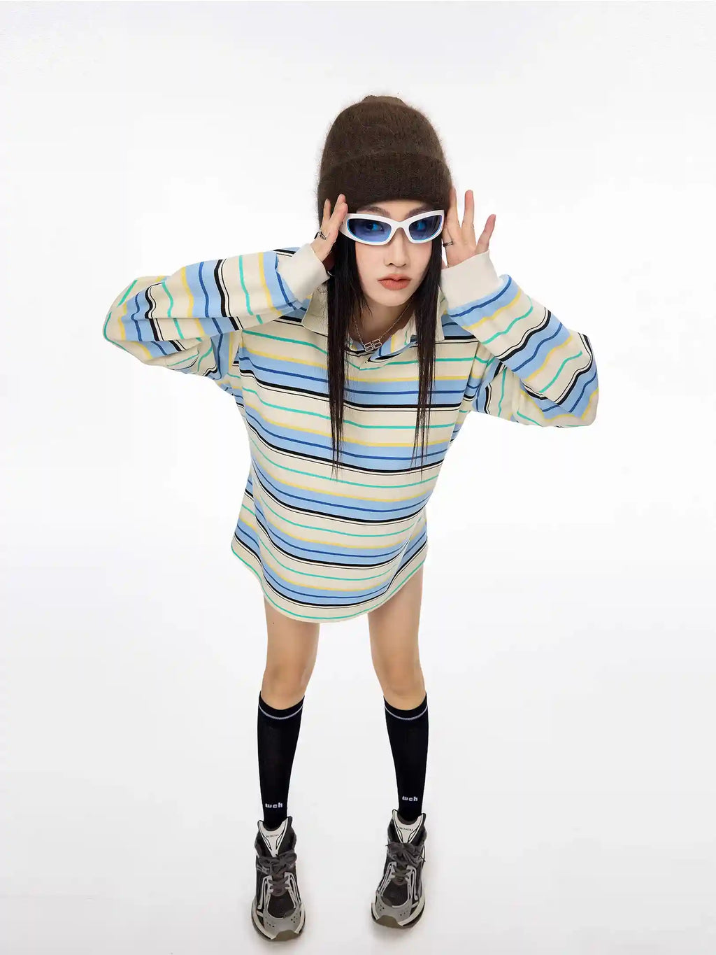 Striped Long Sleeve Polo Top with Contrast Panels   OL1993