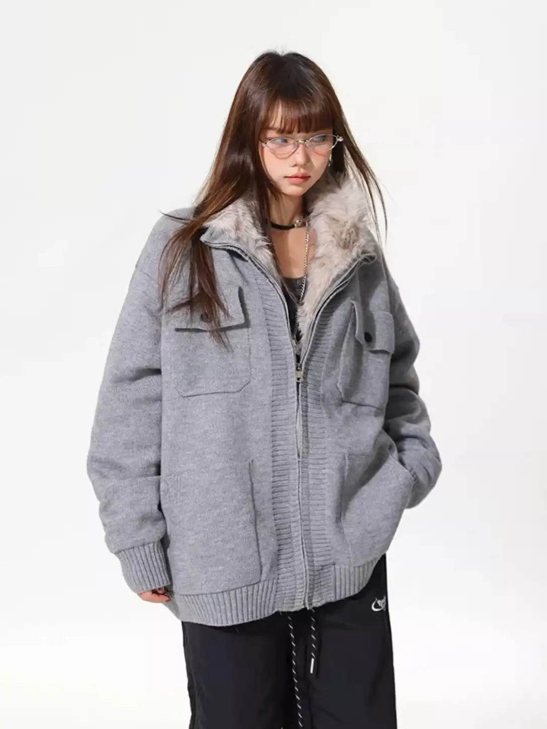 Premium Faux Fur Collar Loose Cardigan  OL2226