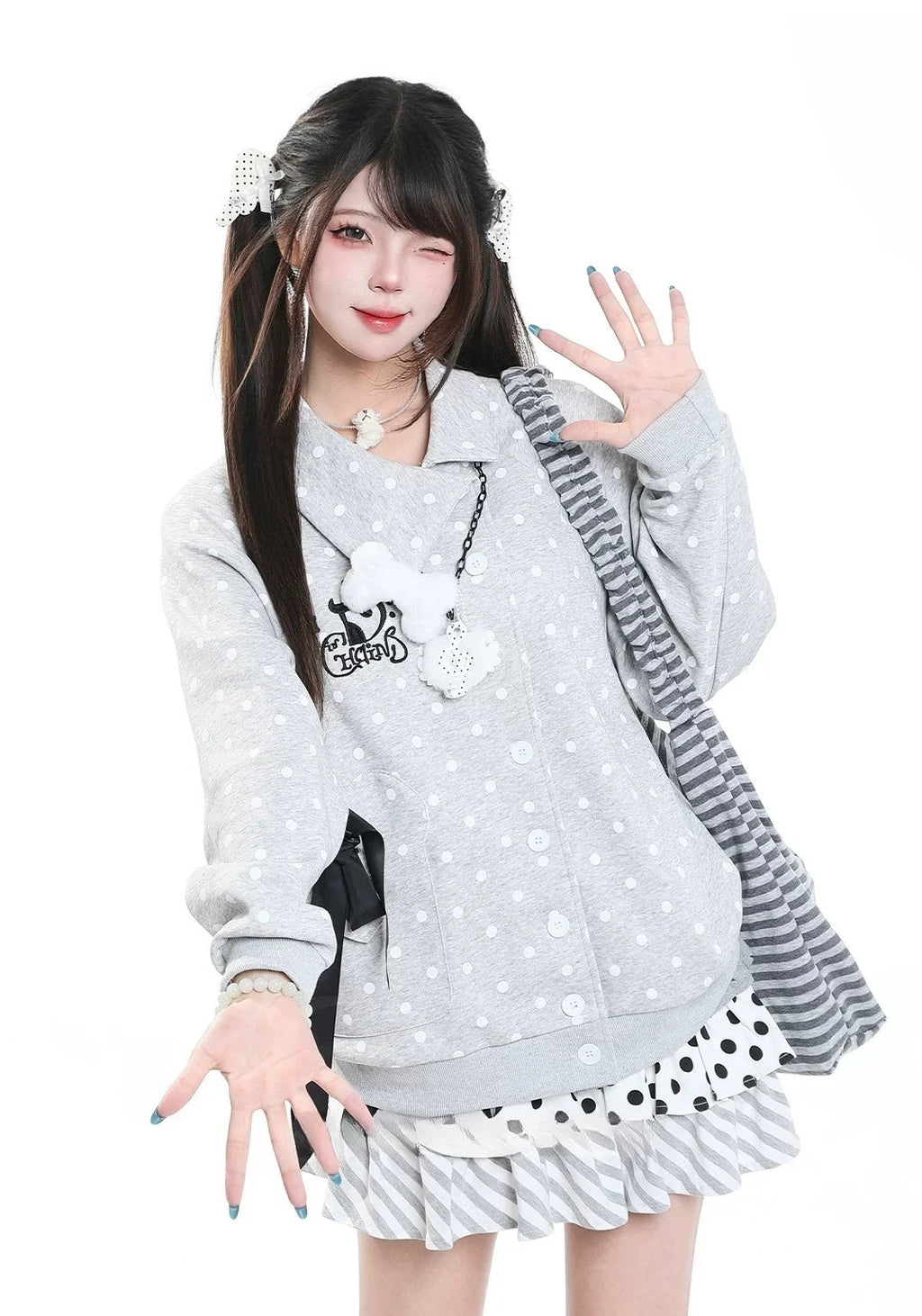 Polka Dot Bow Zip Up Hoodie OL2381