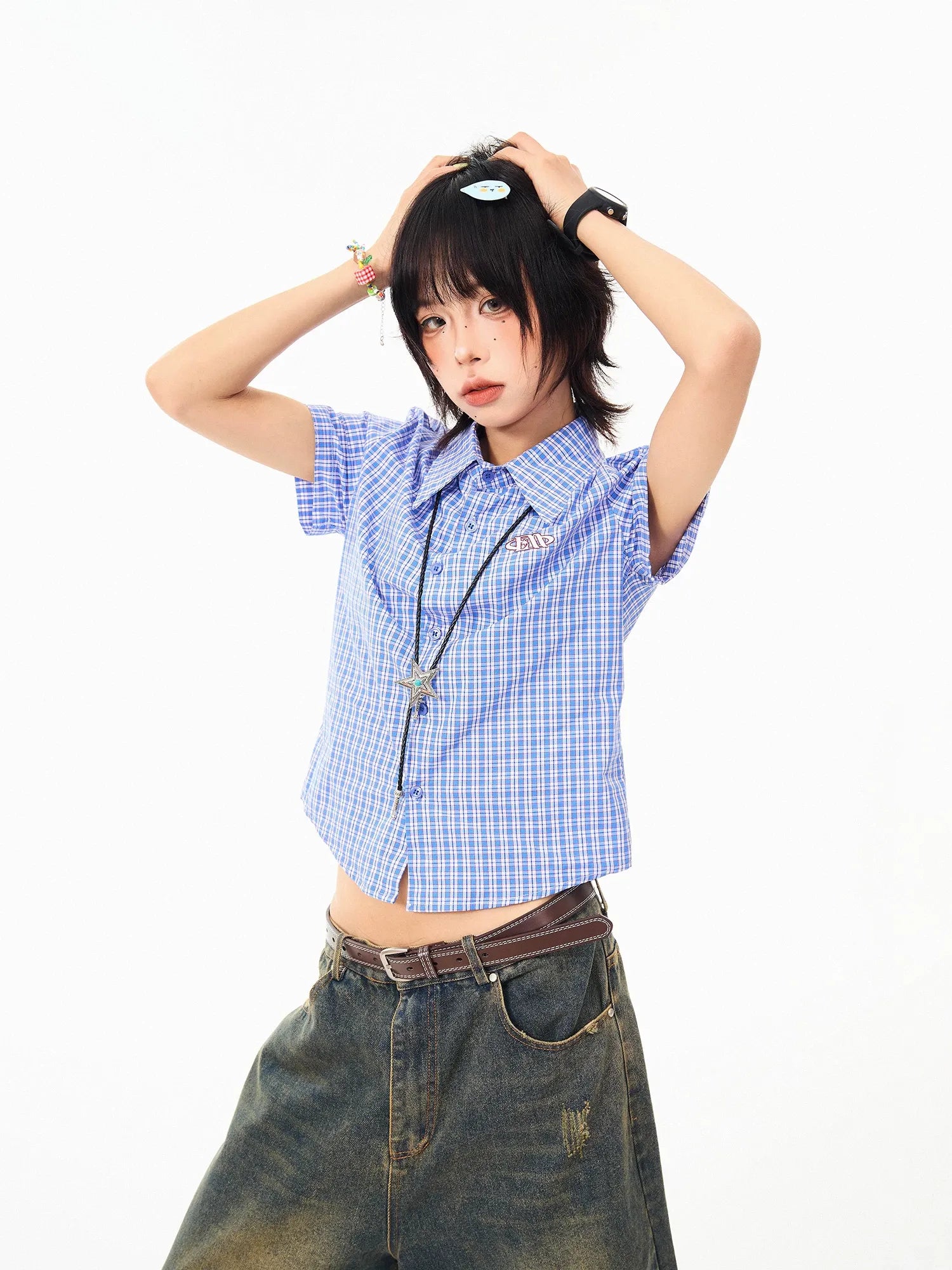 Vintage Embroidered Plaid Relaxed Fit Shirt OL2269