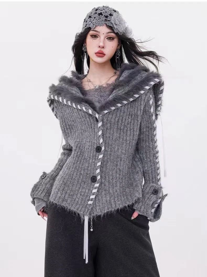 Faux-Fur Collar Knit Cardigan   OL1976