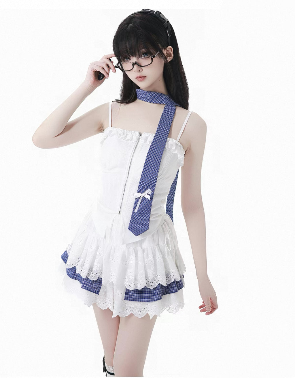 Plaid Shirt Lace Cami and Tiered Skirt Separates OL2477