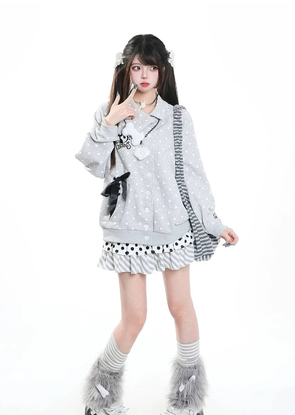 Polka Dot Bow Zip Up Hoodie OL2381