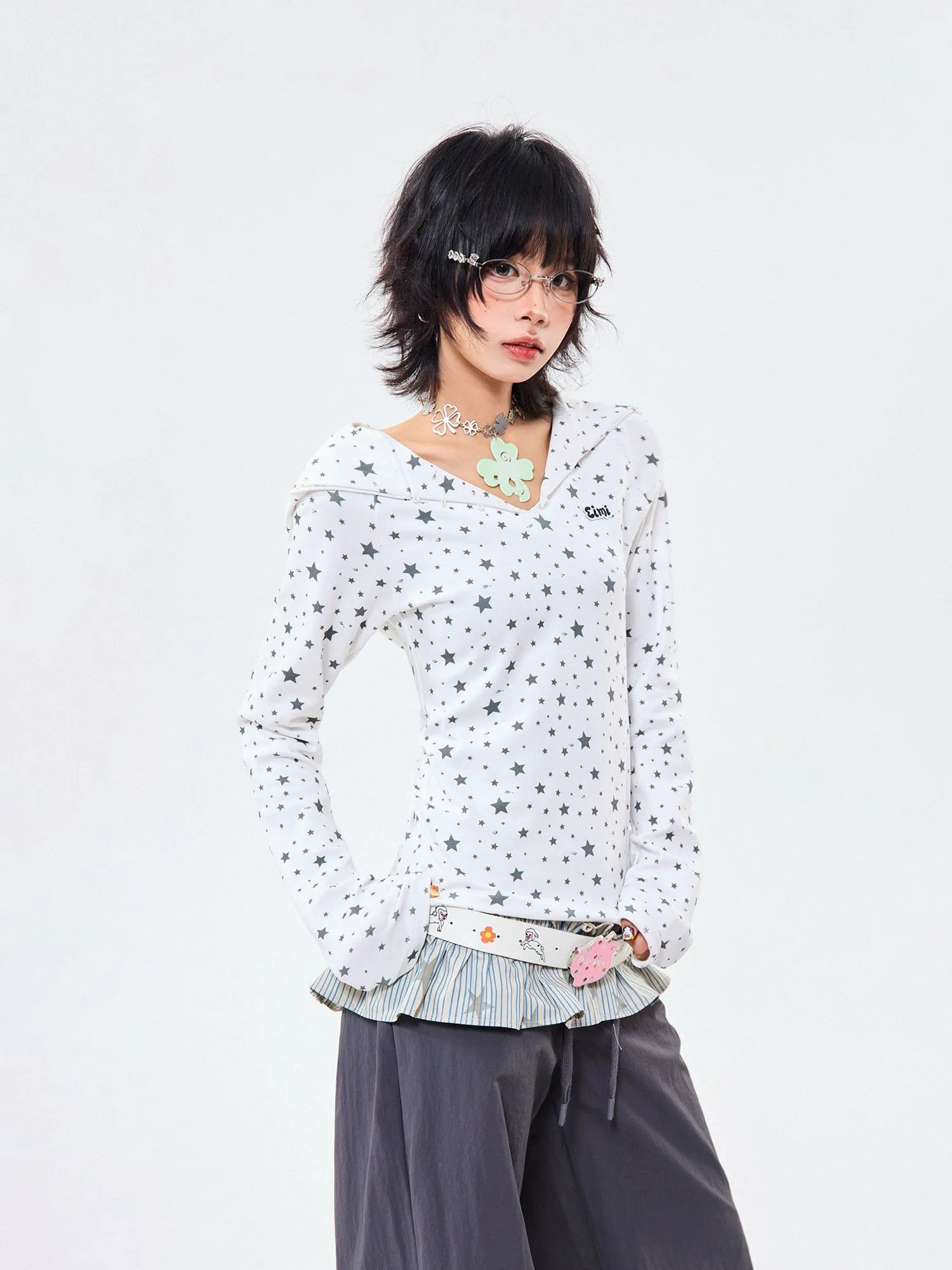 Star Wing Print Hooded Long Sleeve Fitted Top oliviroa オリヴィオラ