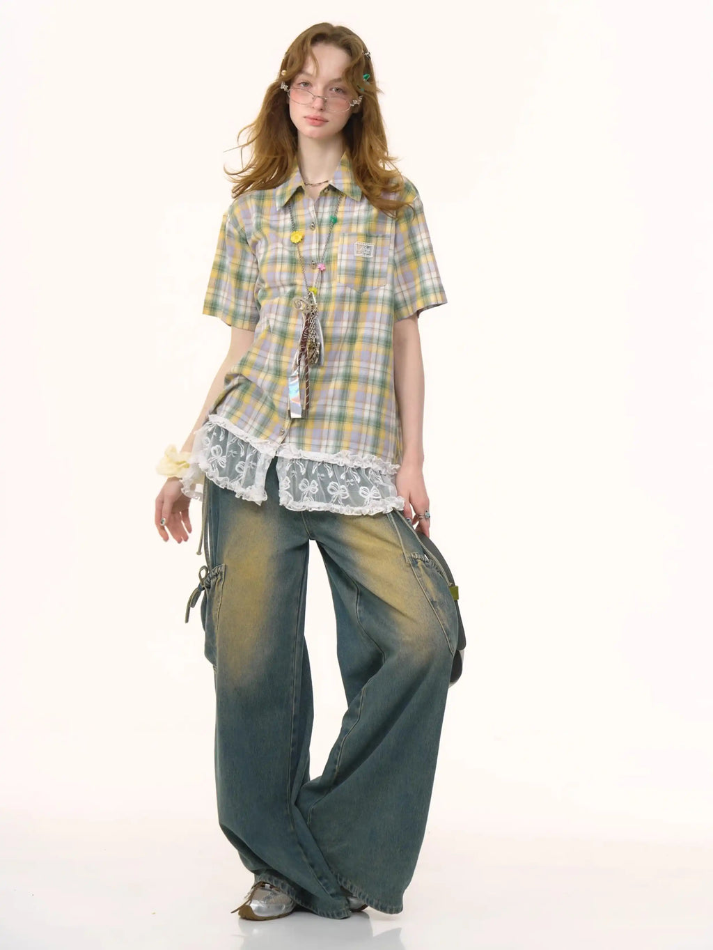 Plaid Lace Patchwork Short Sleeve Shirt OL2261