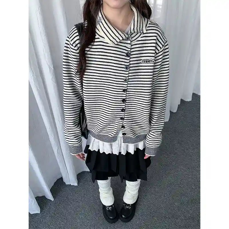 Vintage Y2K Striped Collared Cardigan   oliviroa オリヴィオラ