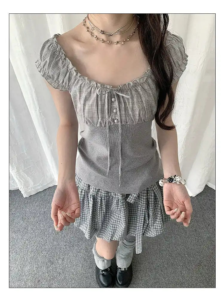 Plaid Patchwork Puff Sleeve Tank Top OL2280