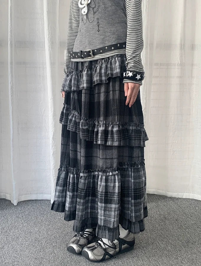 Asymmetrical Plaid Ruffle Skirt OL2437
