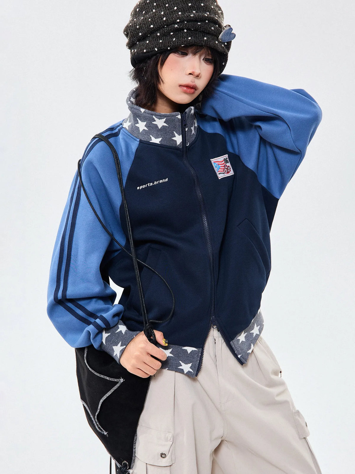 Retro Colorblock Stand Collar Zip Jacket   OL2026