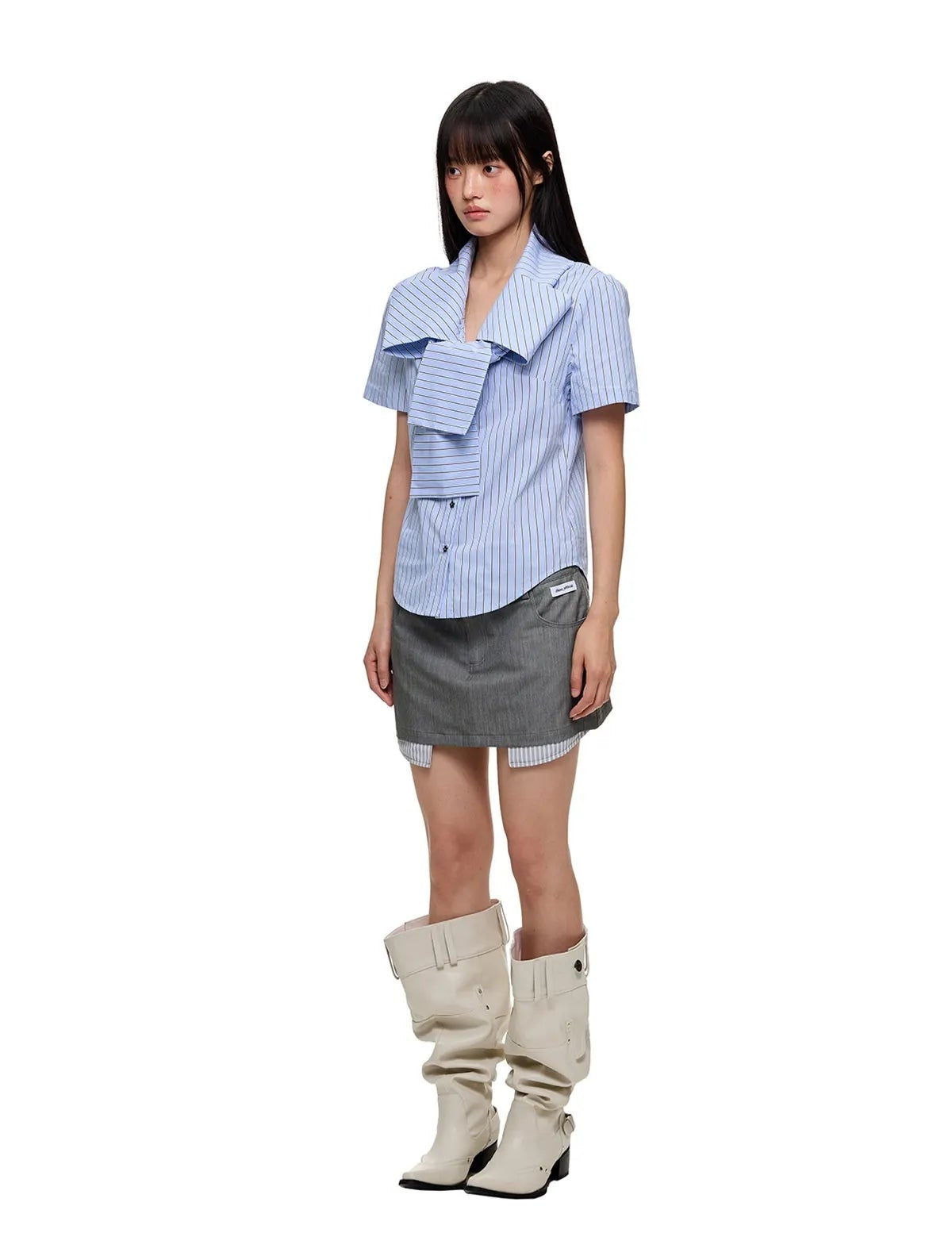 Ribbon Detail Rhinestone Stripe Fitted Shirt OL2267