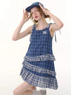 Asymmetrical Hem Blue Plaid Cami Dress OL2262