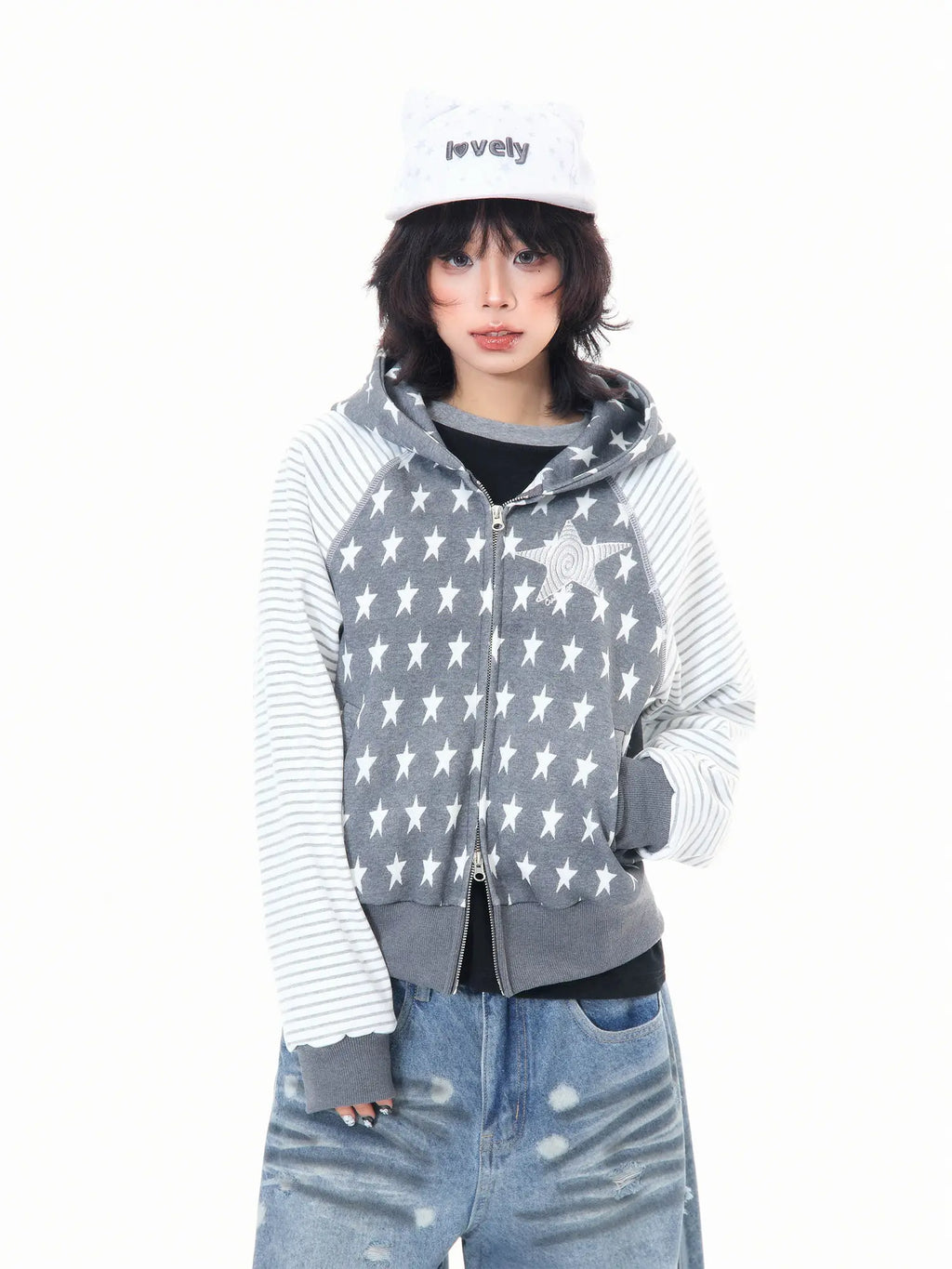 Star Embroidered Stripe Cropped Hoodie OL2384