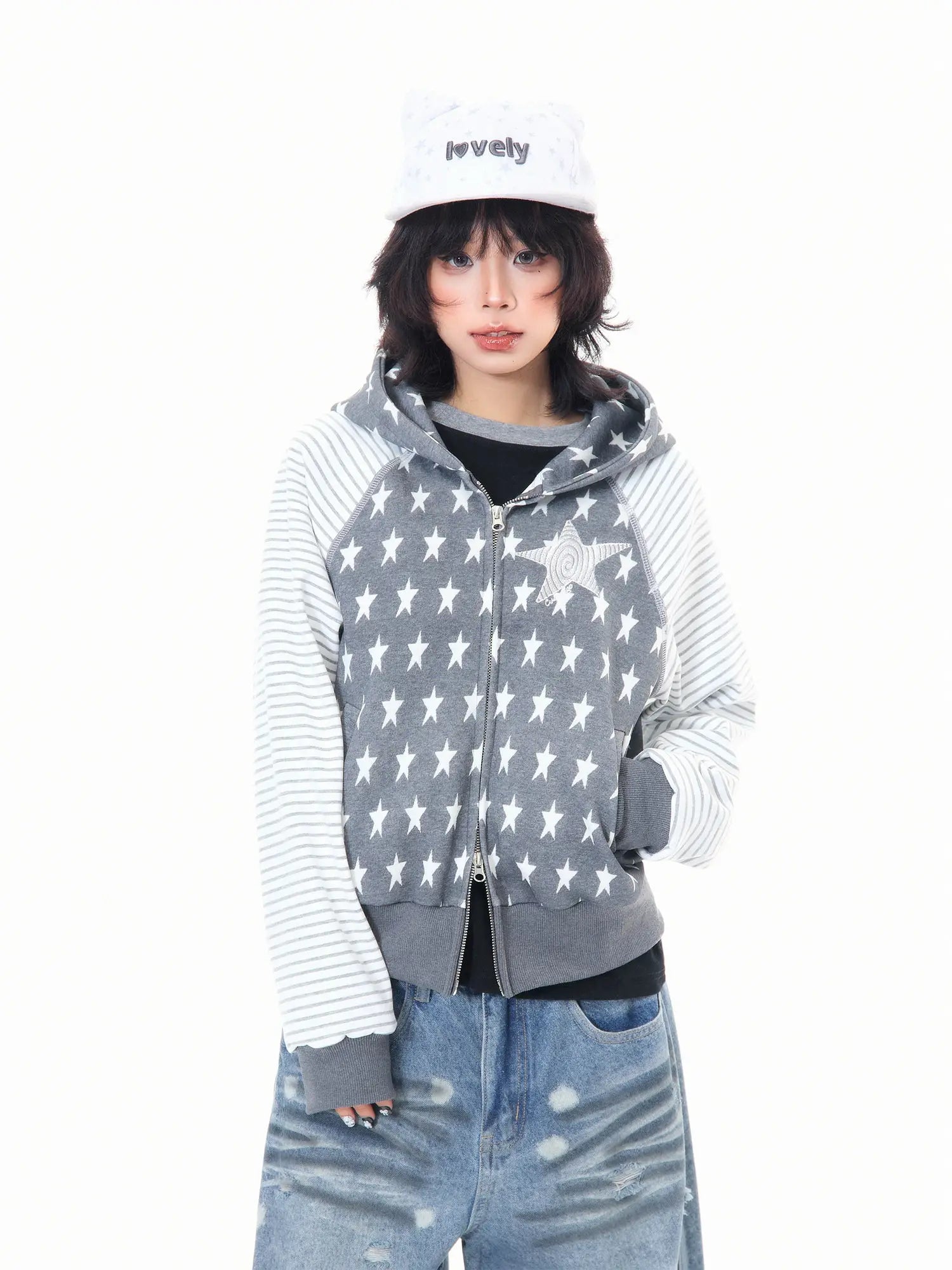 Star Embroidered Stripe Cropped Hoodie OL2384