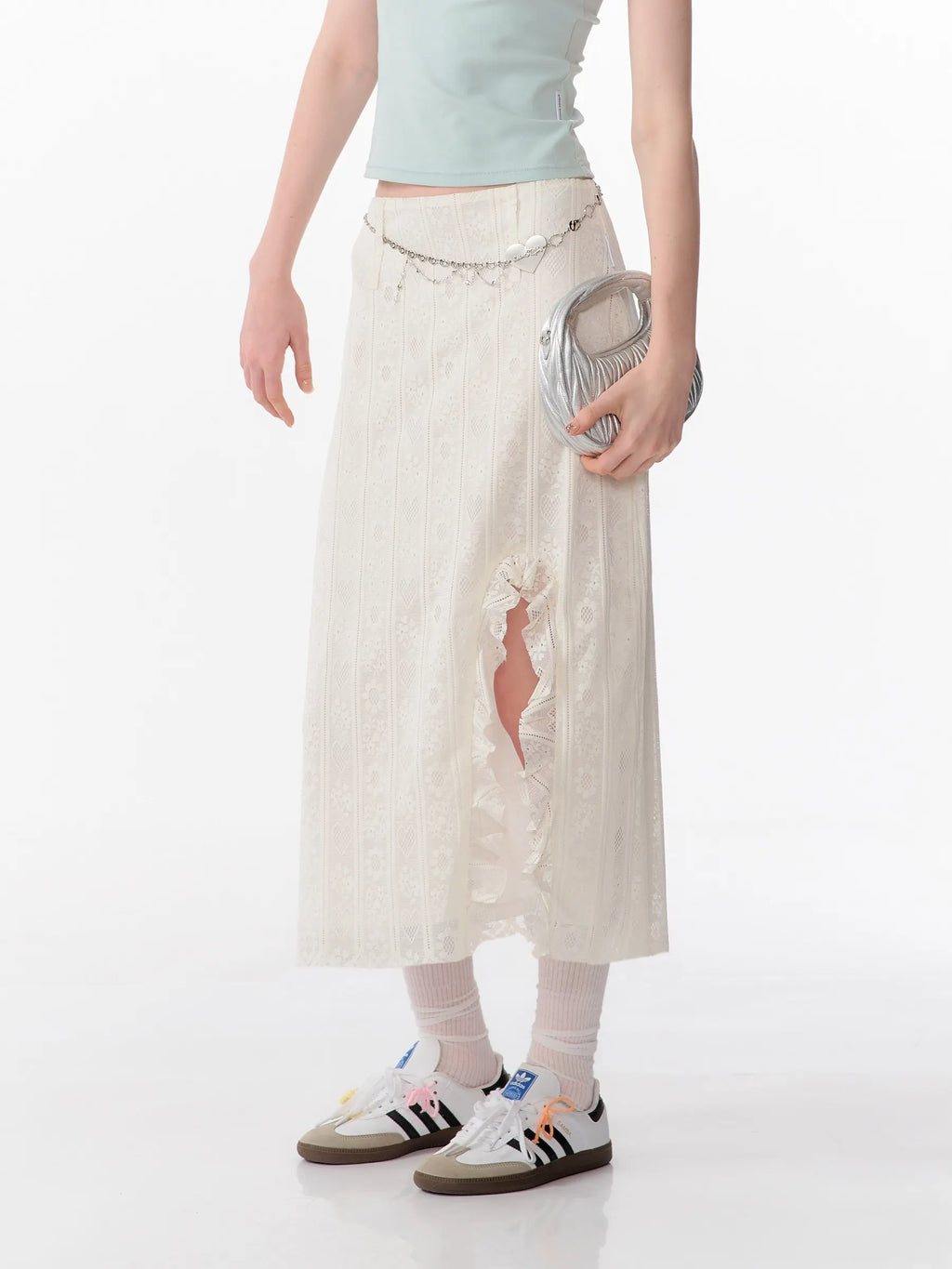 High Waist Lace Ruffle Slit Midi Skirt OL2254