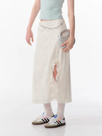 High Waist Lace Ruffle Slit Midi Skirt OL2254