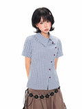 Vintage Plaid Asymmetrical Slim Fit Crop Shirt oliviroa オリヴィオラ