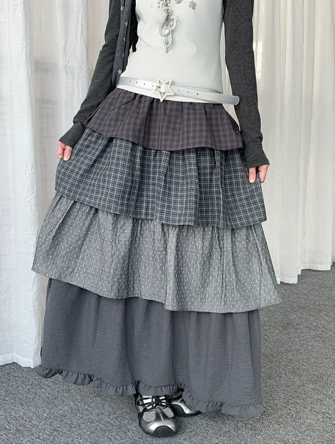 Polka Dot Plaid Tiered Maxi Skirt OL2438