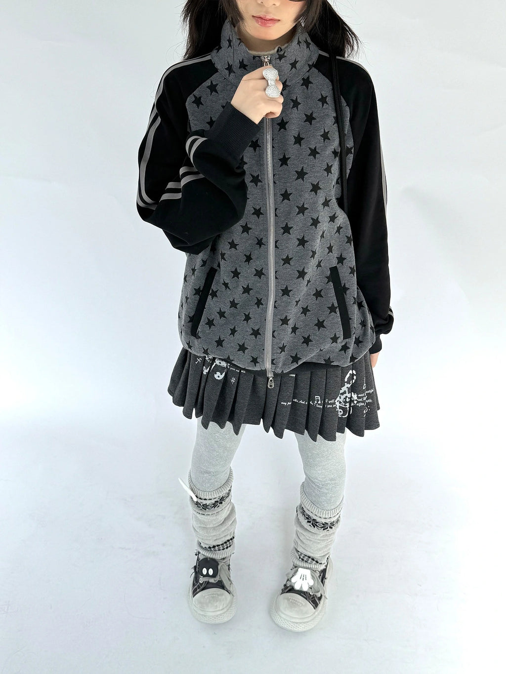 Star Print Stand Collar Double Zip Jacket OL2482