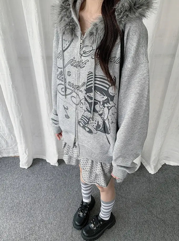 걸 그래픽 퍼 칼라 후드 가디건 OL2433