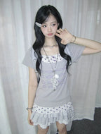 Polka Dot Faux Layered Button Tee Y2K oliviroa オリヴィオラ