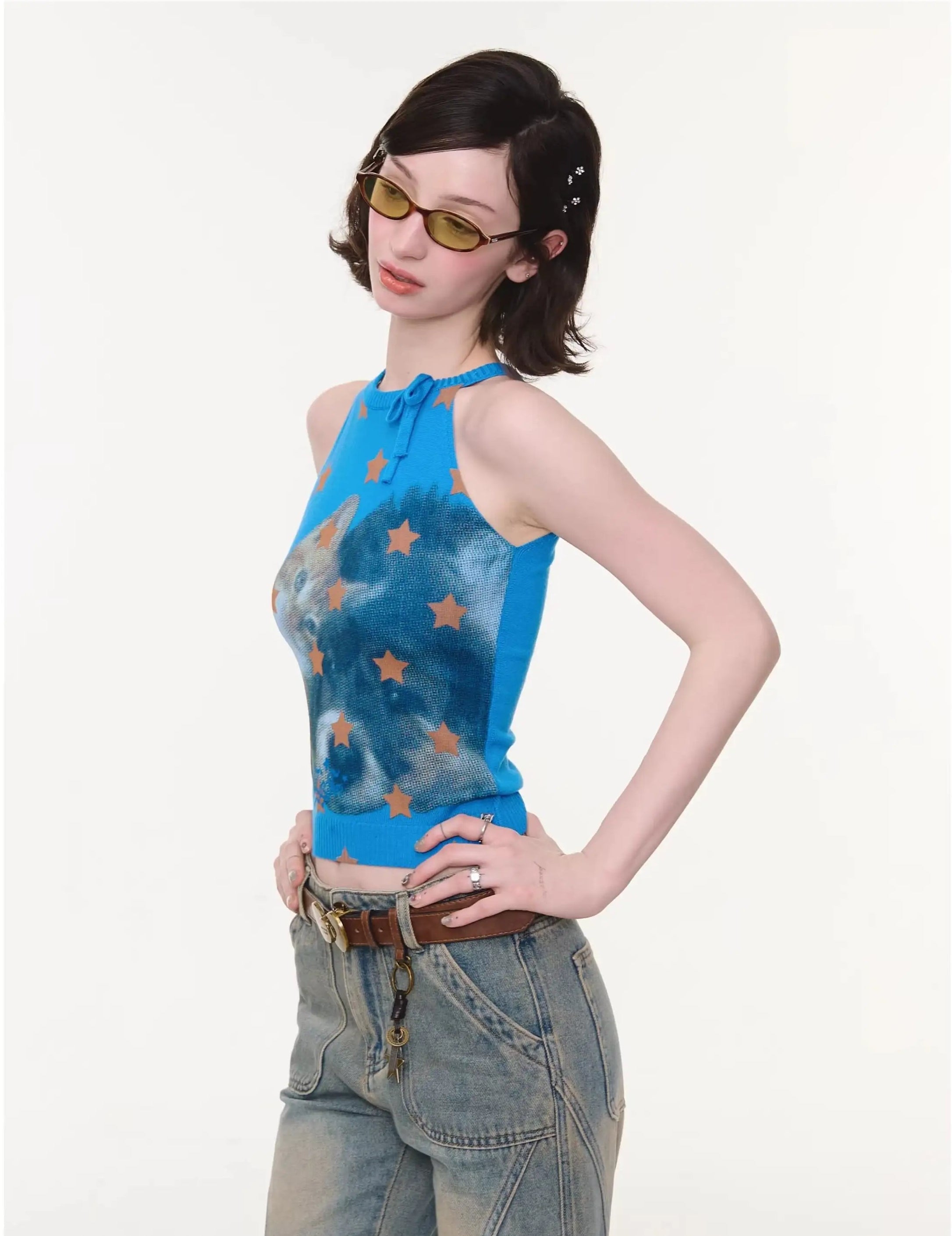 Bow Star Cat Graphic Slim Fit Tank Top OL2255