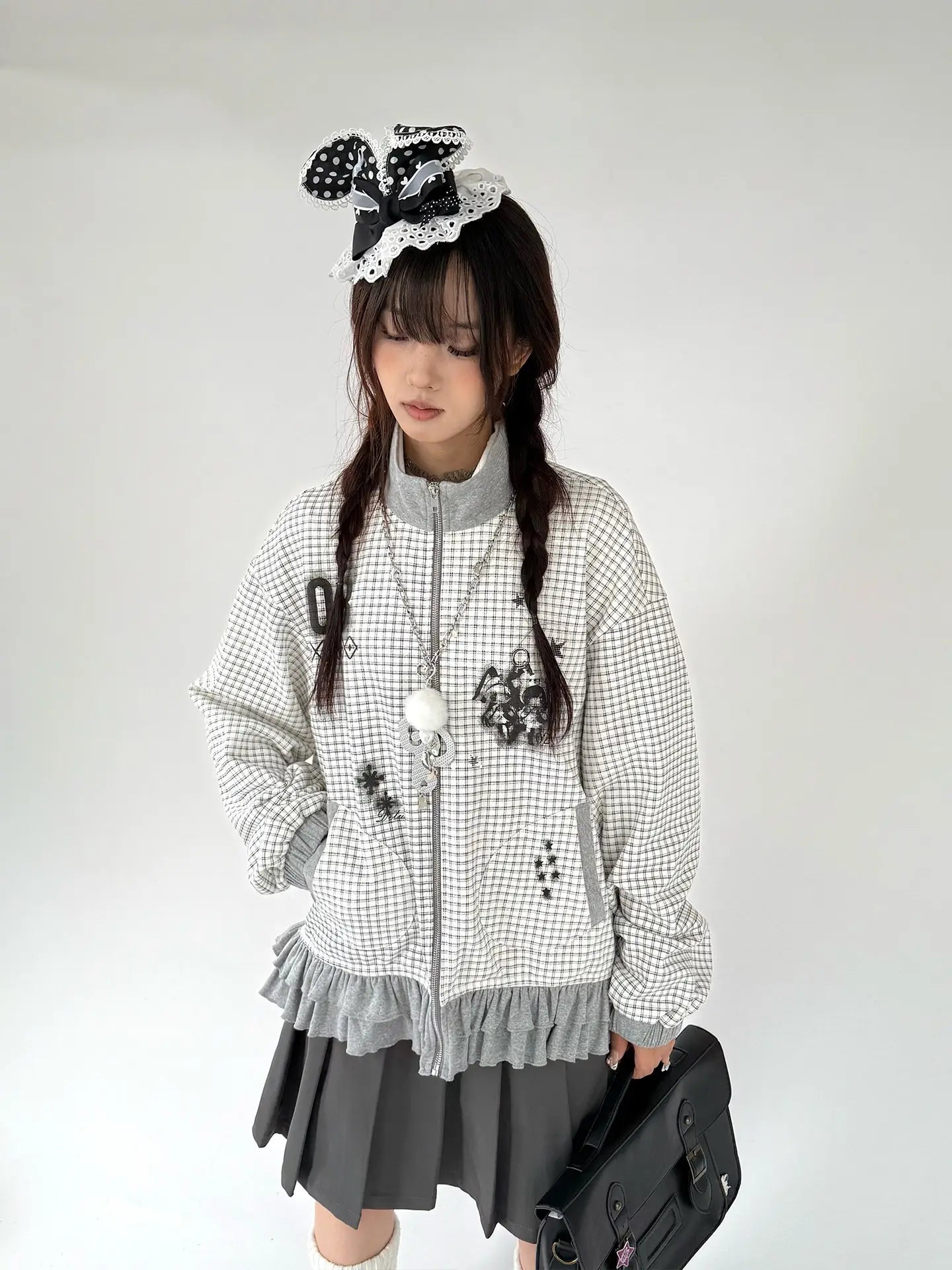 Graphic Plaid Ruffle Jacket OL2383