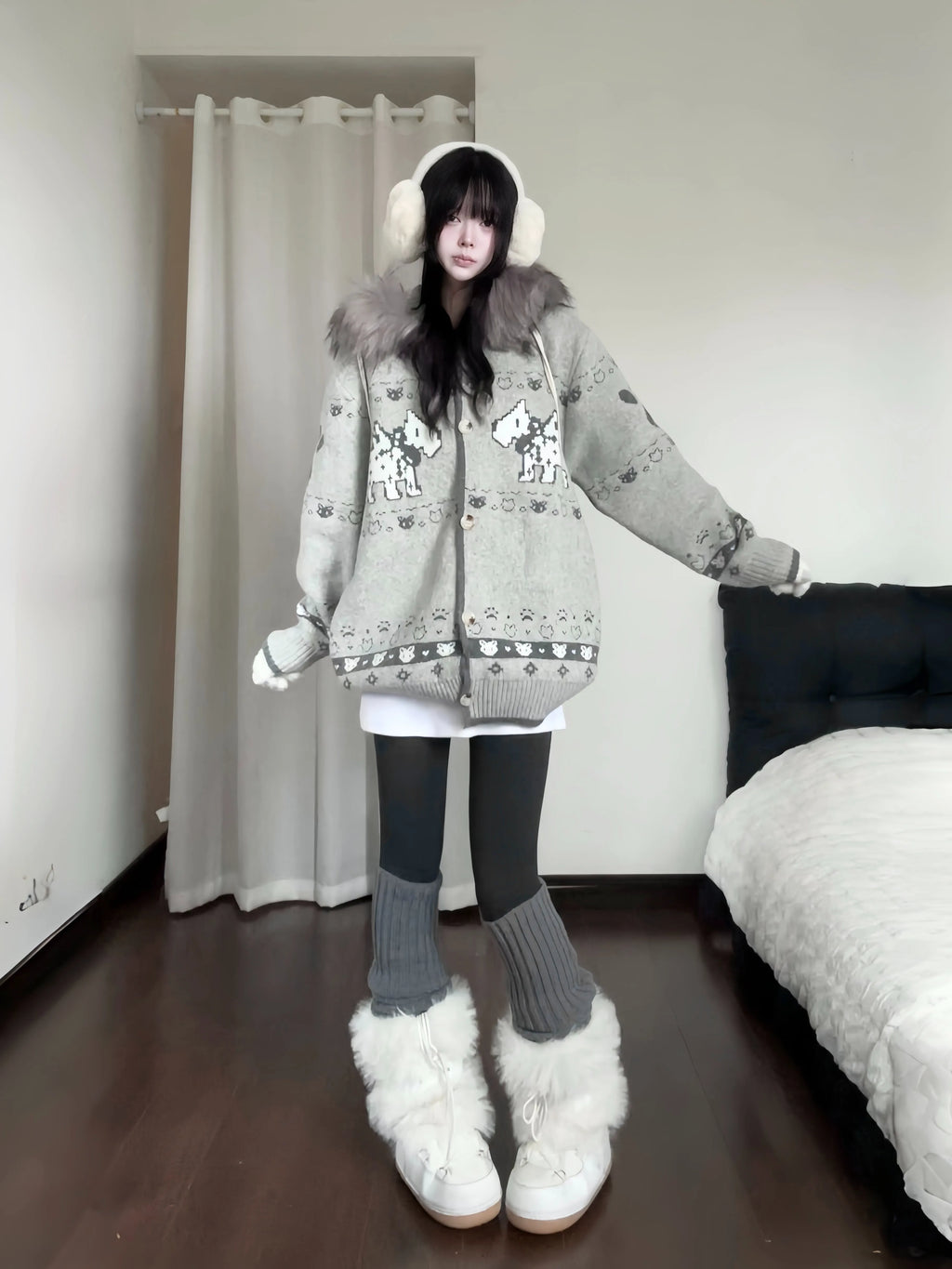 Puppy Fur Trim Hooded Knit Cardigan oliviroa オリヴィオラ