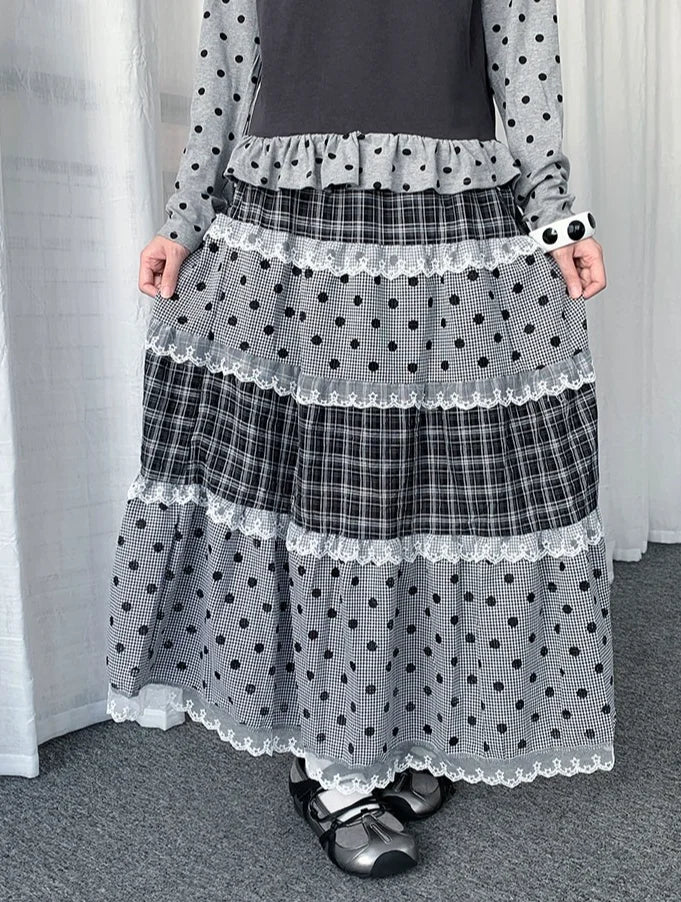 Lace Trim Polka Dot Tiered Midi Skirt OL2439