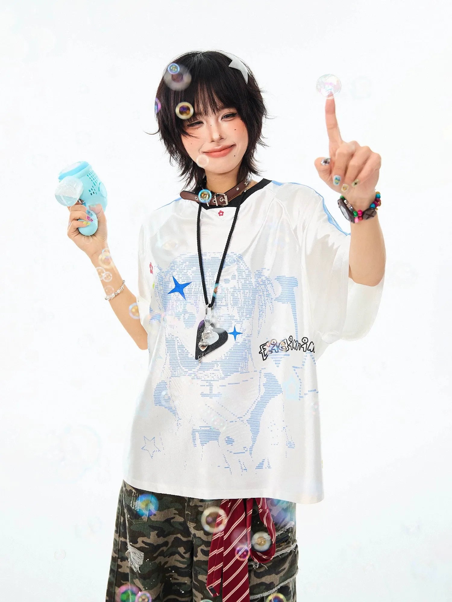 Vintage Cartoon Jersey V-Neck Oversized Short Sleeve Tee oliviroa オリヴィオラ