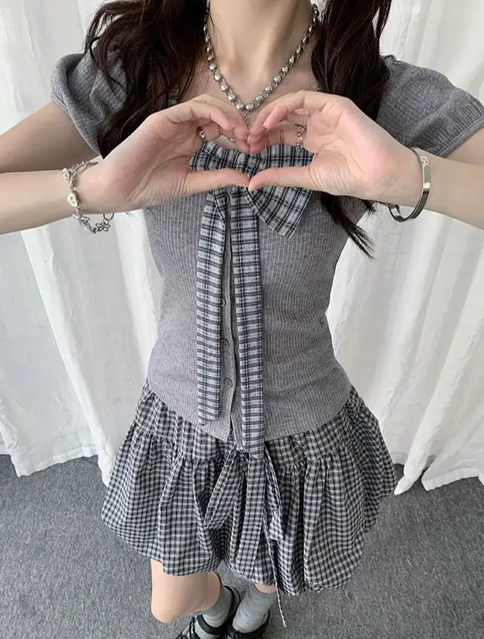 Plaid Bow Puff Sleeve Tee Y2K OL2329