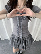Plaid Bow Puff Sleeve Tee Y2K OL2329