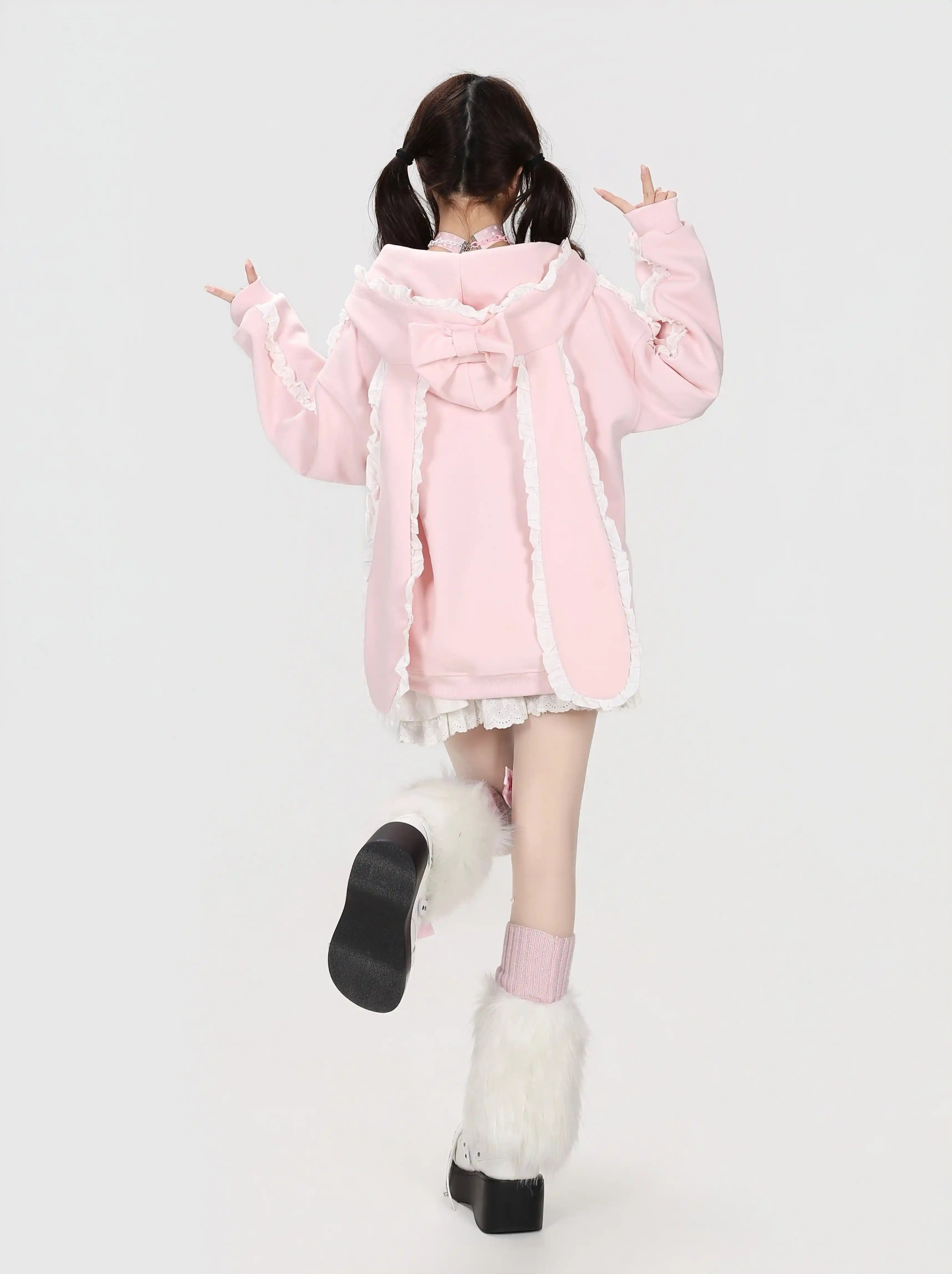 Lace Bunny Ear Bow Hooded Jacket OL2396