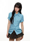 Blue Contrast Plaid Short Sleeve Shirt OL2264