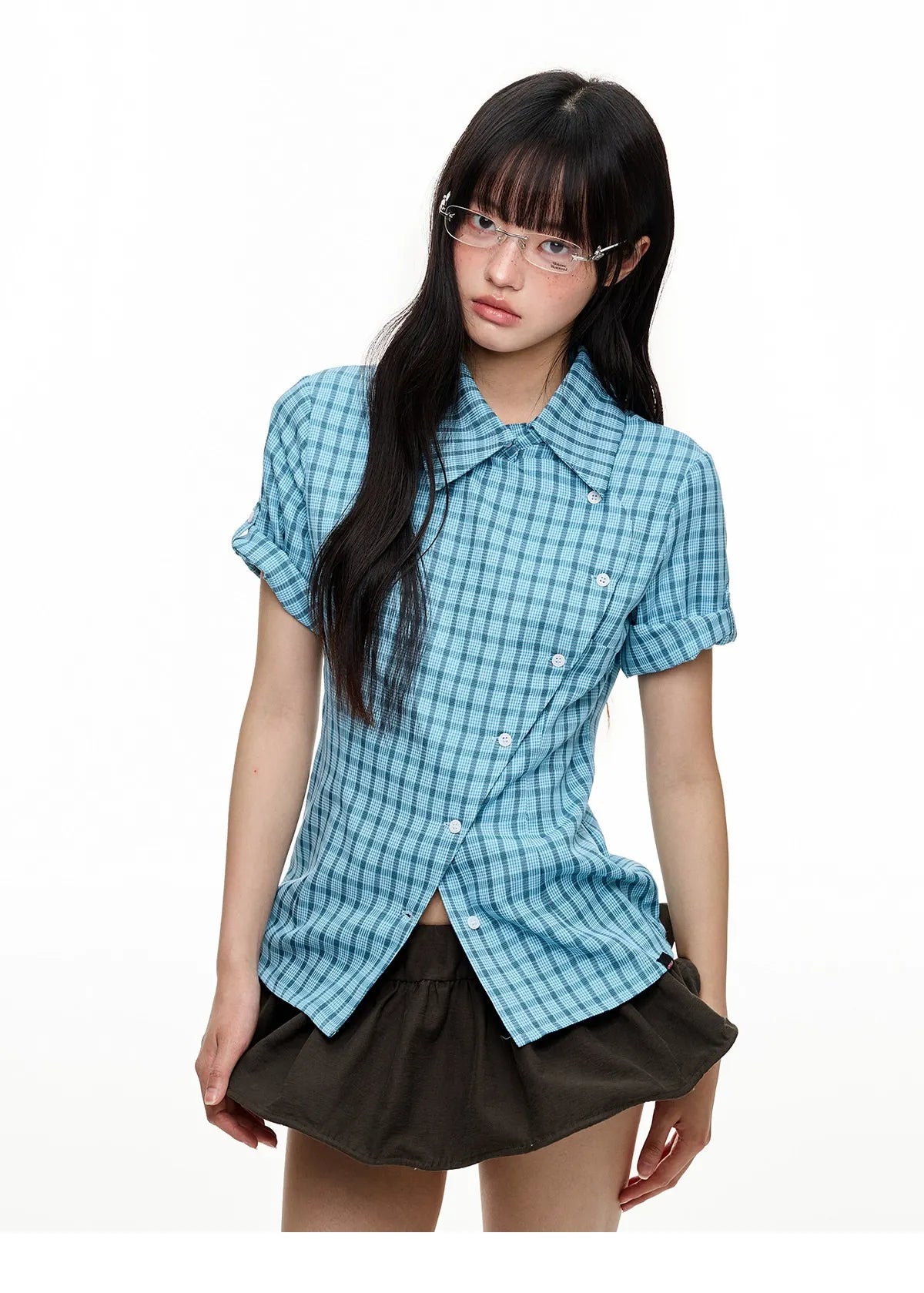 Blue Contrast Plaid Short Sleeve Shirt OL2264