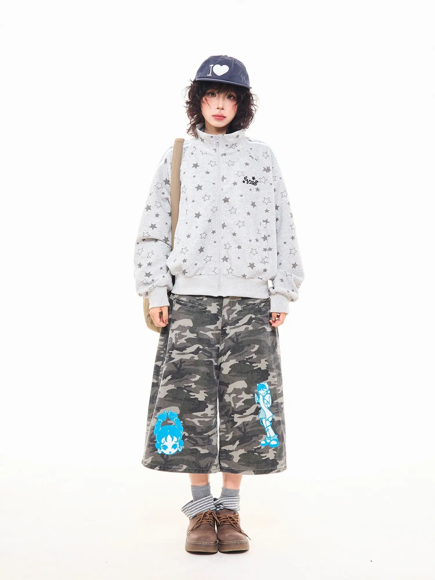 Star Print Oversized Stand Collar Zip Hoodie Cardigan OL2323