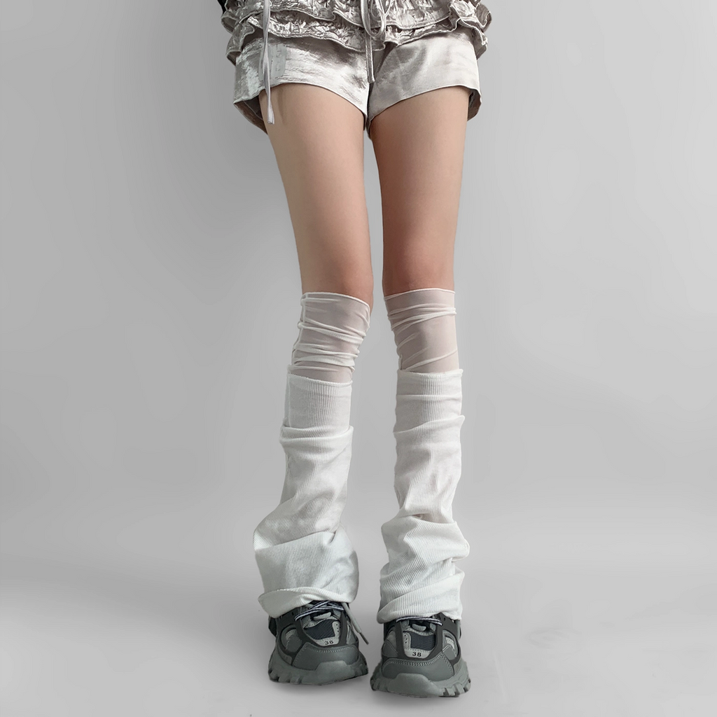 White Mesh Panel Flared Leg Warmers OLA062
