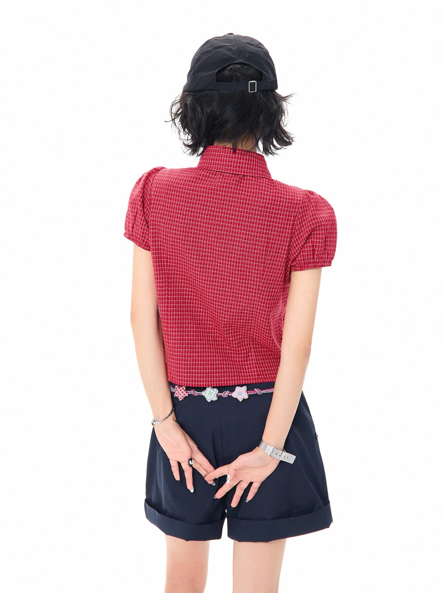 Blue Gingham Puff Sleeve Crop Shirt OL2319