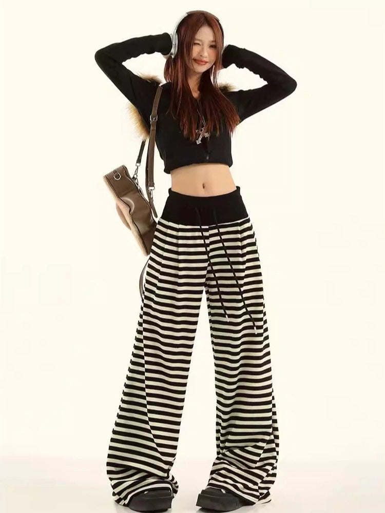 Striped High Waist Drawstring Wide Leg Lounge Pants   OL2228