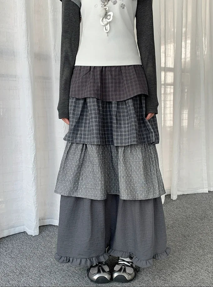 Polka Dot Plaid Tiered Maxi Skirt OL2438