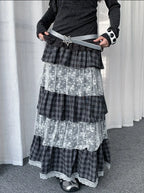 Plaid Lace Tiered Midi Skirt  OL2436